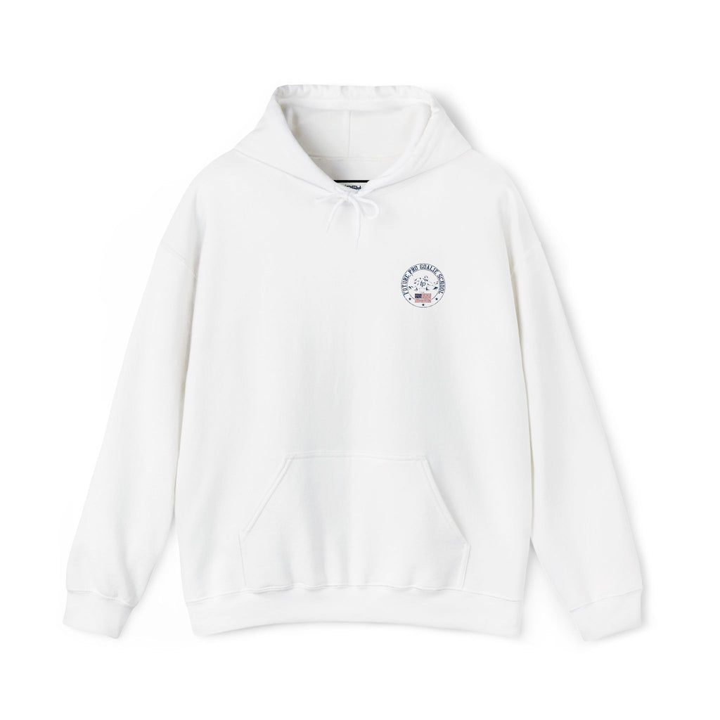 Front view of the white Future Pro USA Goalie School Hoodie featuring the embroidered chest emblem and front kangaroo pocket.