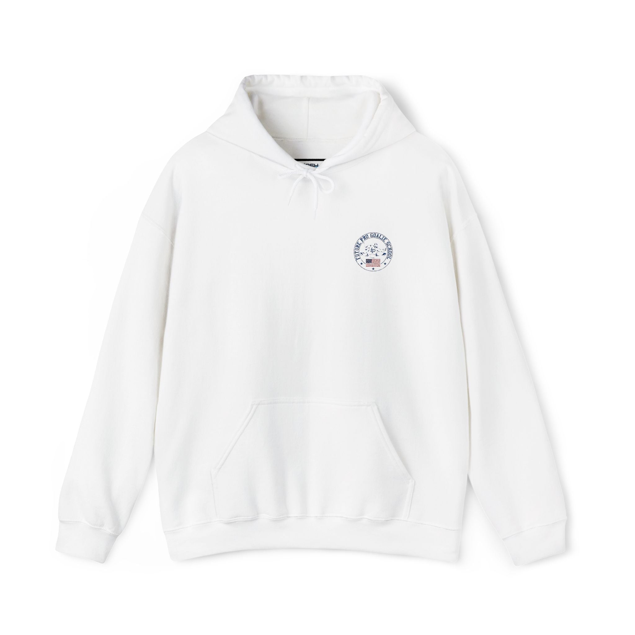 Front view of the white Future Pro USA Goalie School Hoodie featuring the embroidered chest emblem and front kangaroo pocket.