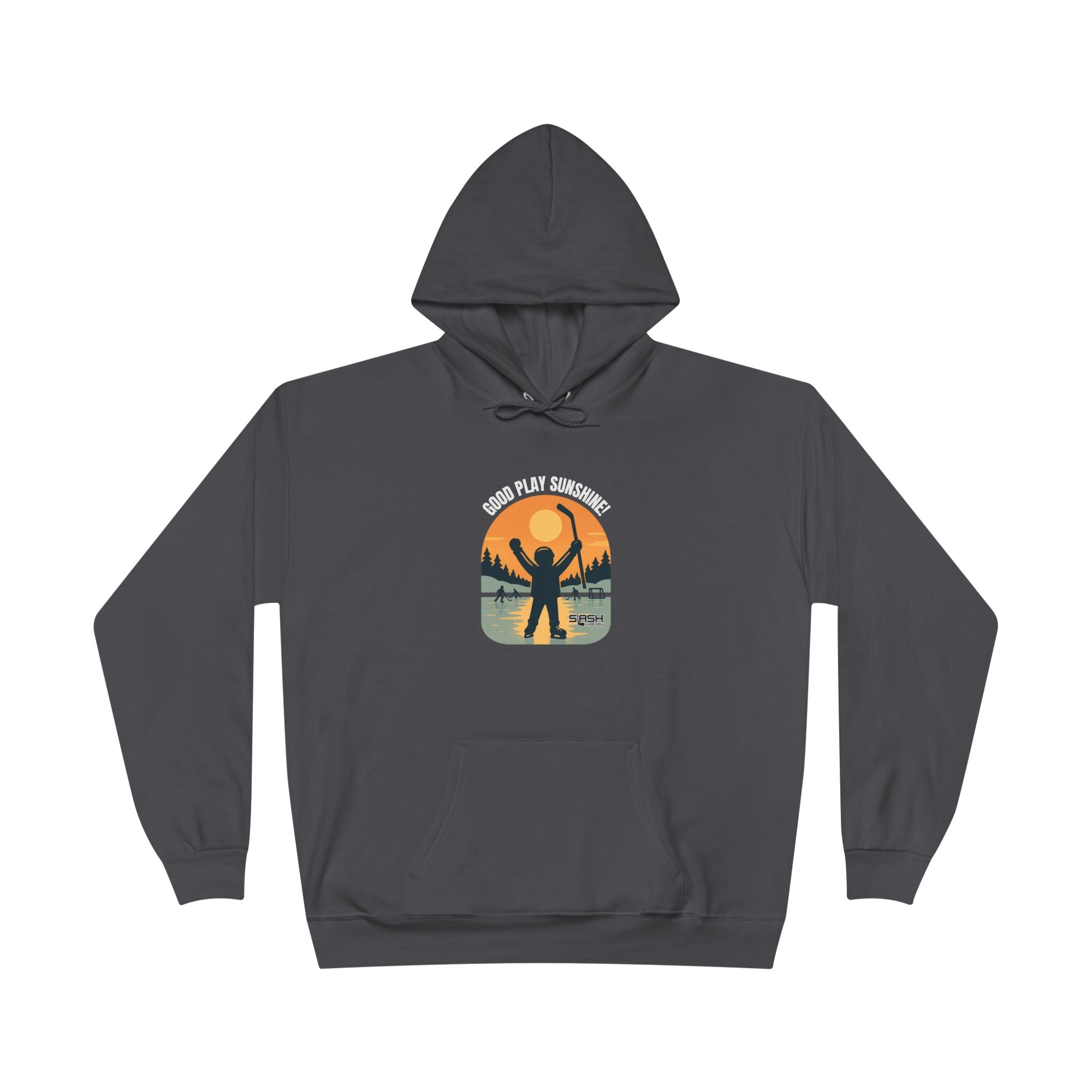 Front view of the Good Play Sunshine! Hoodie featuring a vintage-style hockey design of a kid raising his stick on a frozen pond at sunrise, with friends skating in the background.