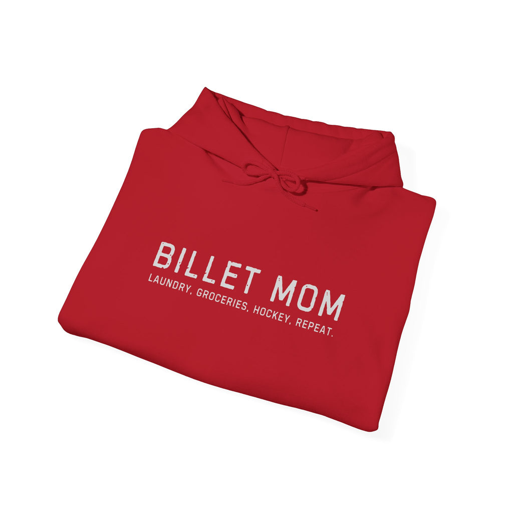 Folded Billet Mom hoodie showing minimalist hockey billet family design