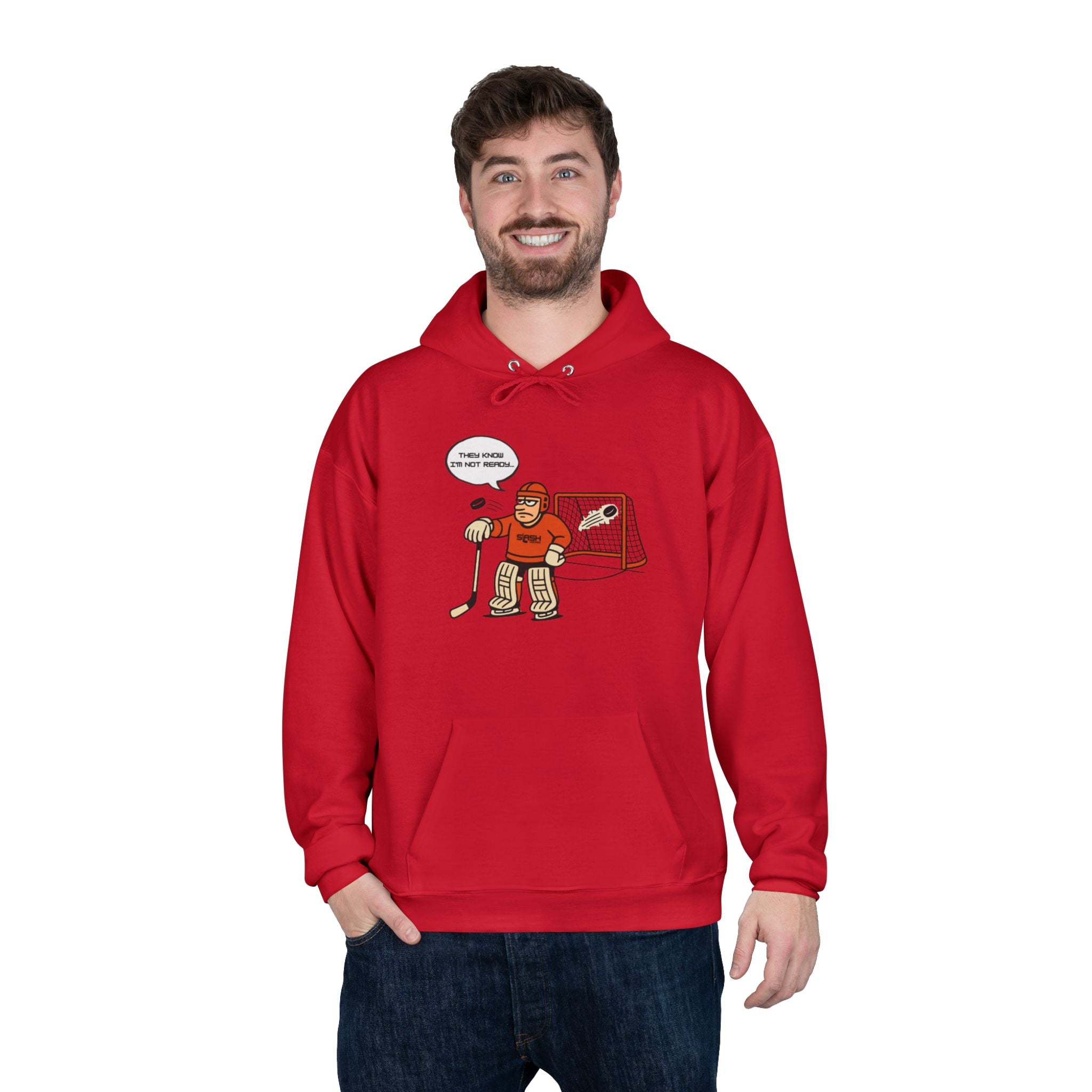 “Mad Goalie Hockey Hoodie lifestyle photo — model wearing hockey culture hoodie with angry goalie design, casual fit for rink, travel, or everyday wear.”