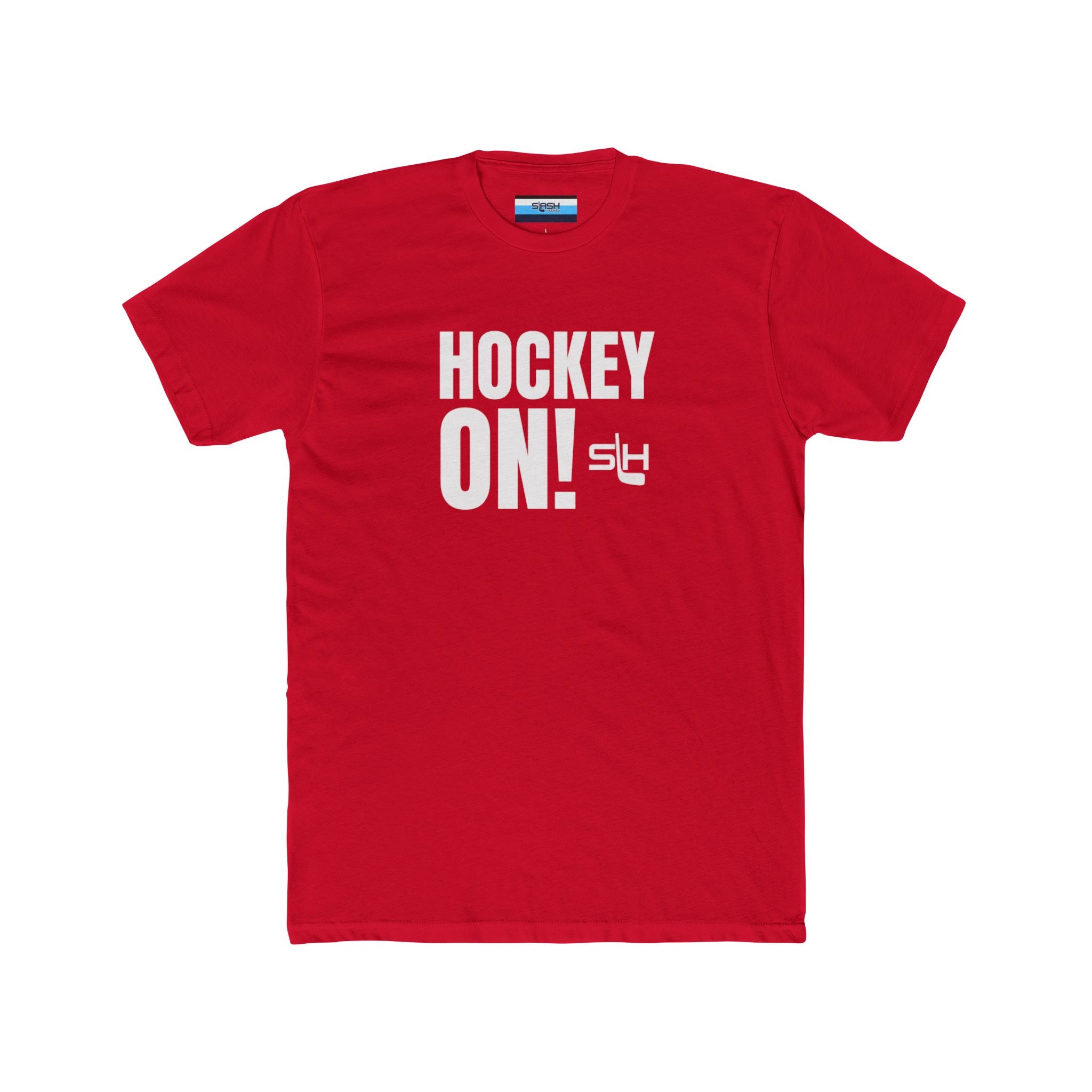 “Hockey On! t-shirt front view — bold varsity-style text design with hockey-inspired graphics in navy, sky blue, and white on premium cotton tee.”