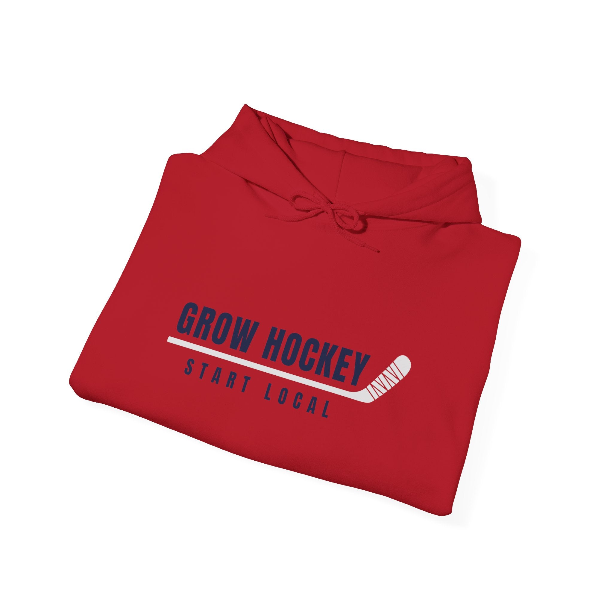Folded Grow Hockey Start Local hoodie showing bold front graphic with taped hockey stick detail.
