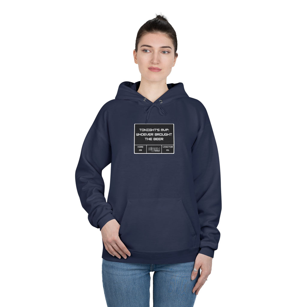 “Tonight’s MVP Hockey Hoodie lifestyle photo — model wearing hockey culture hoodie with Tonight’s MVP text design, casual fit for rink, travel, or everyday wear.”