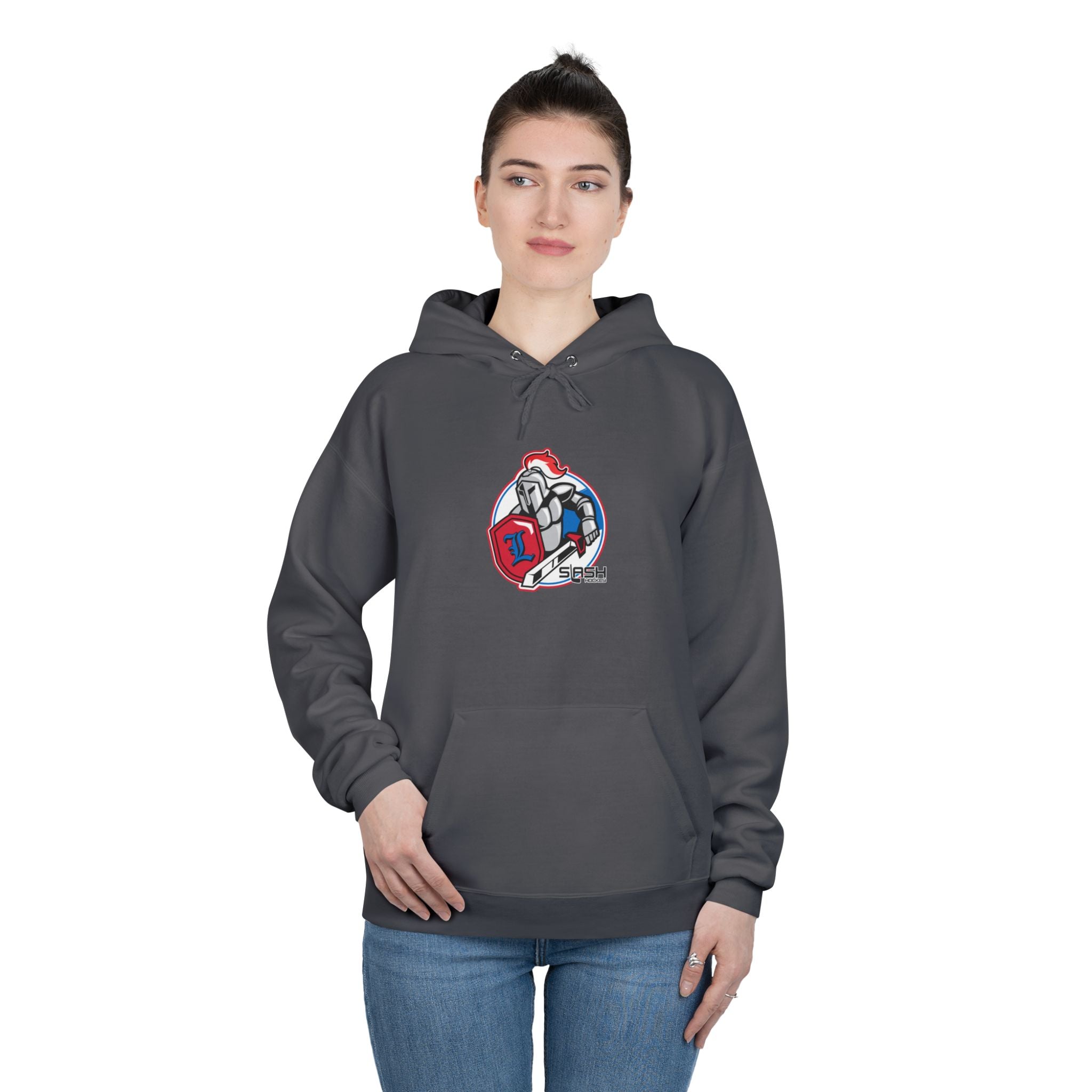 “LHA Hockey Hoodie lifestyle photo — model wearing Livonia Hockey Association hoodie, cozy cotton-blend design for players, parents, and fans on and off the ice.”