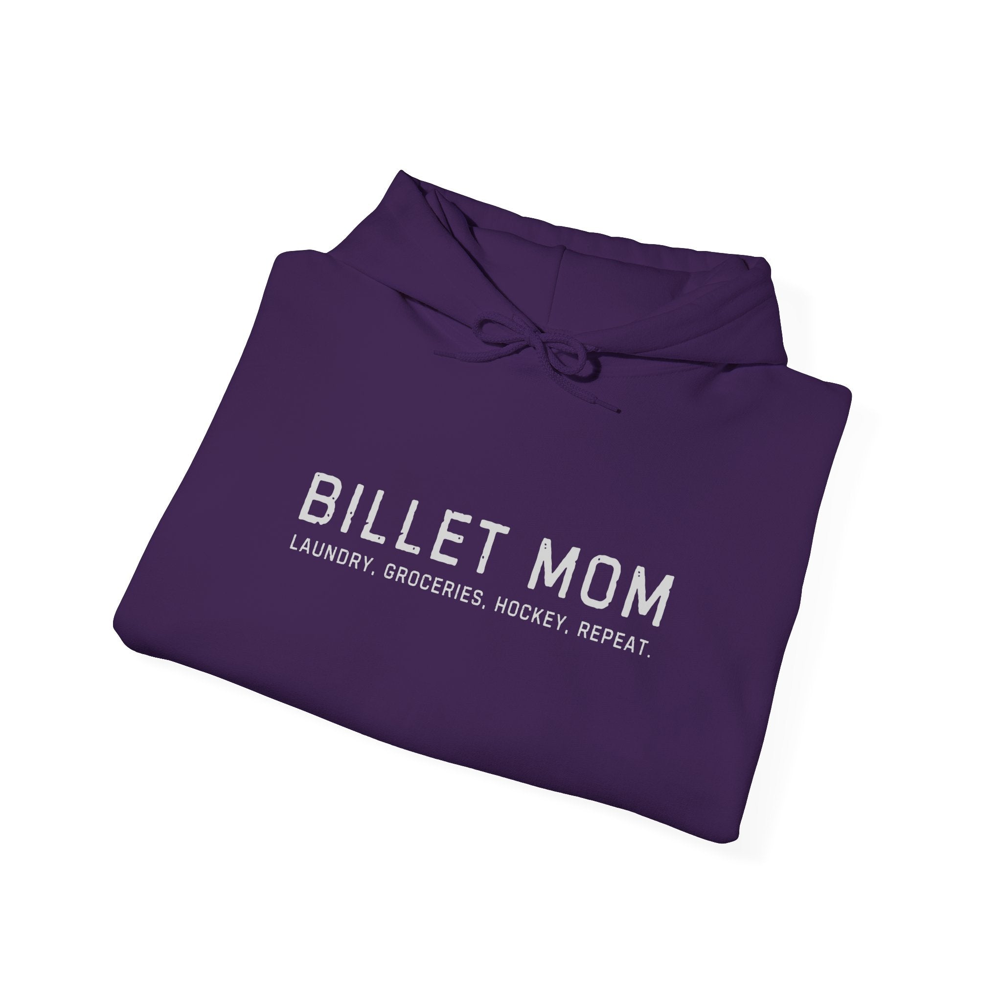 Folded Billet Mom hoodie showing minimalist hockey billet family design