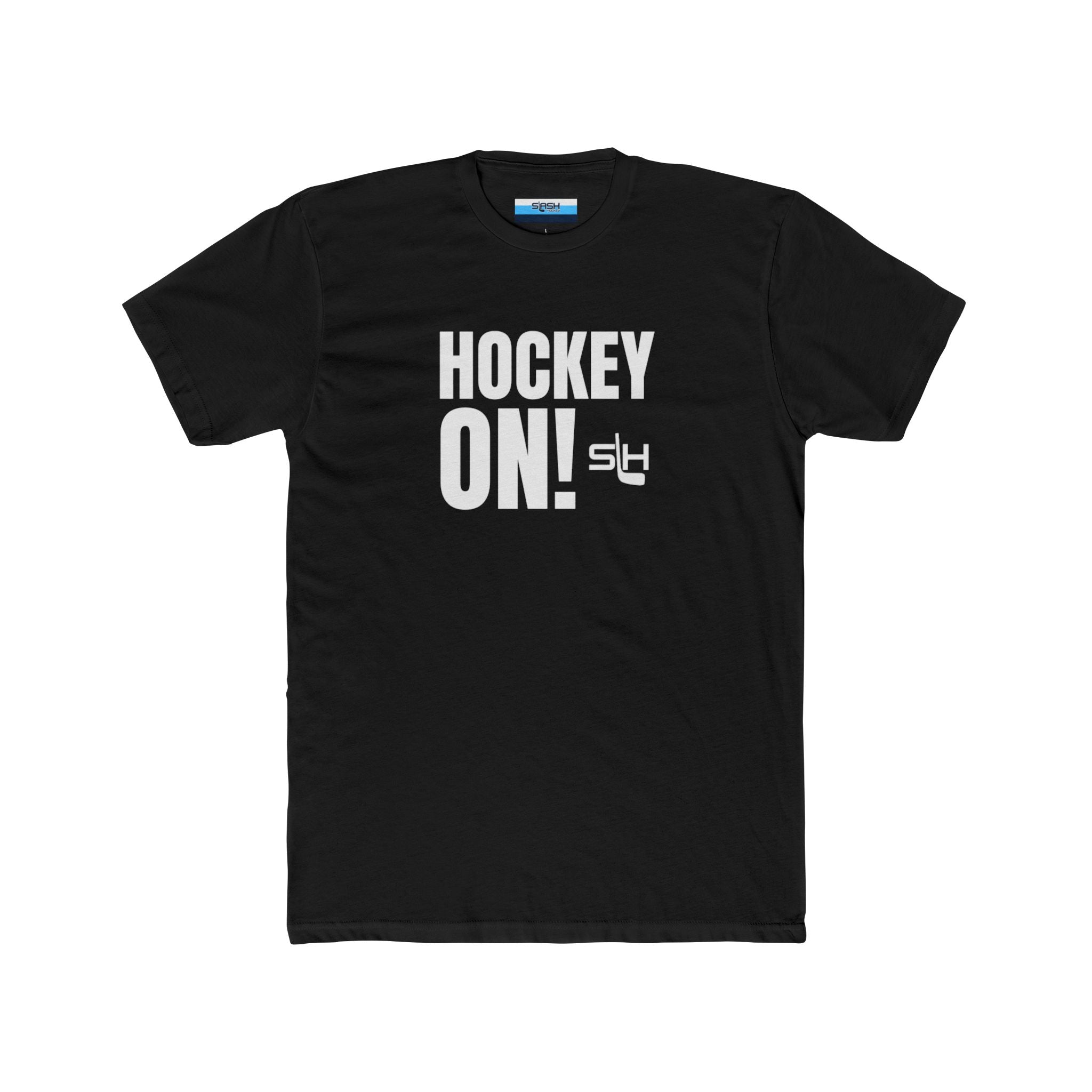 “Hockey On! t-shirt front view — bold varsity-style text design with hockey-inspired graphics in navy, sky blue, and white on premium cotton tee.”