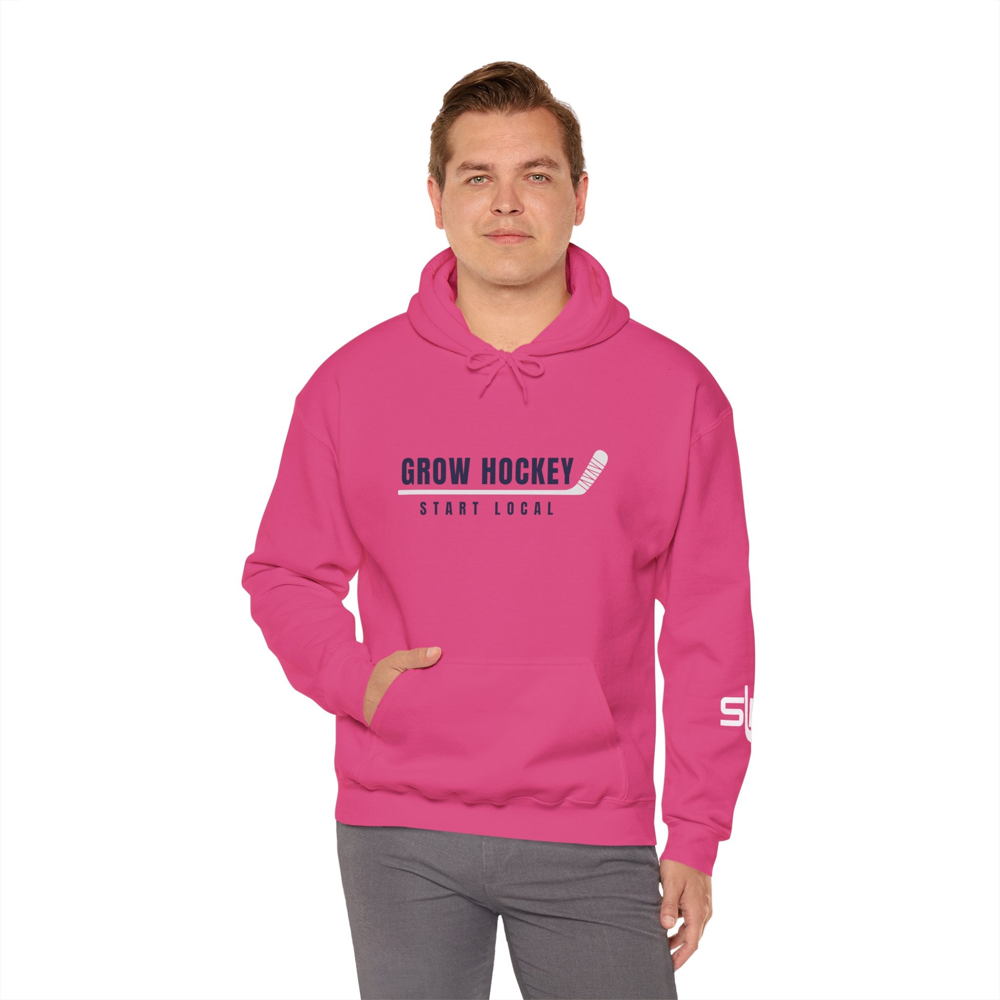 Male model wearing Grow Hockey Start Local hoodie with bold front graphic and taped hockey stick design.
