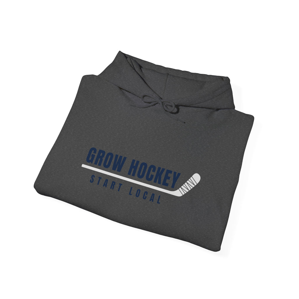 Folded Grow Hockey Start Local hoodie showing bold front graphic with taped hockey stick detail.