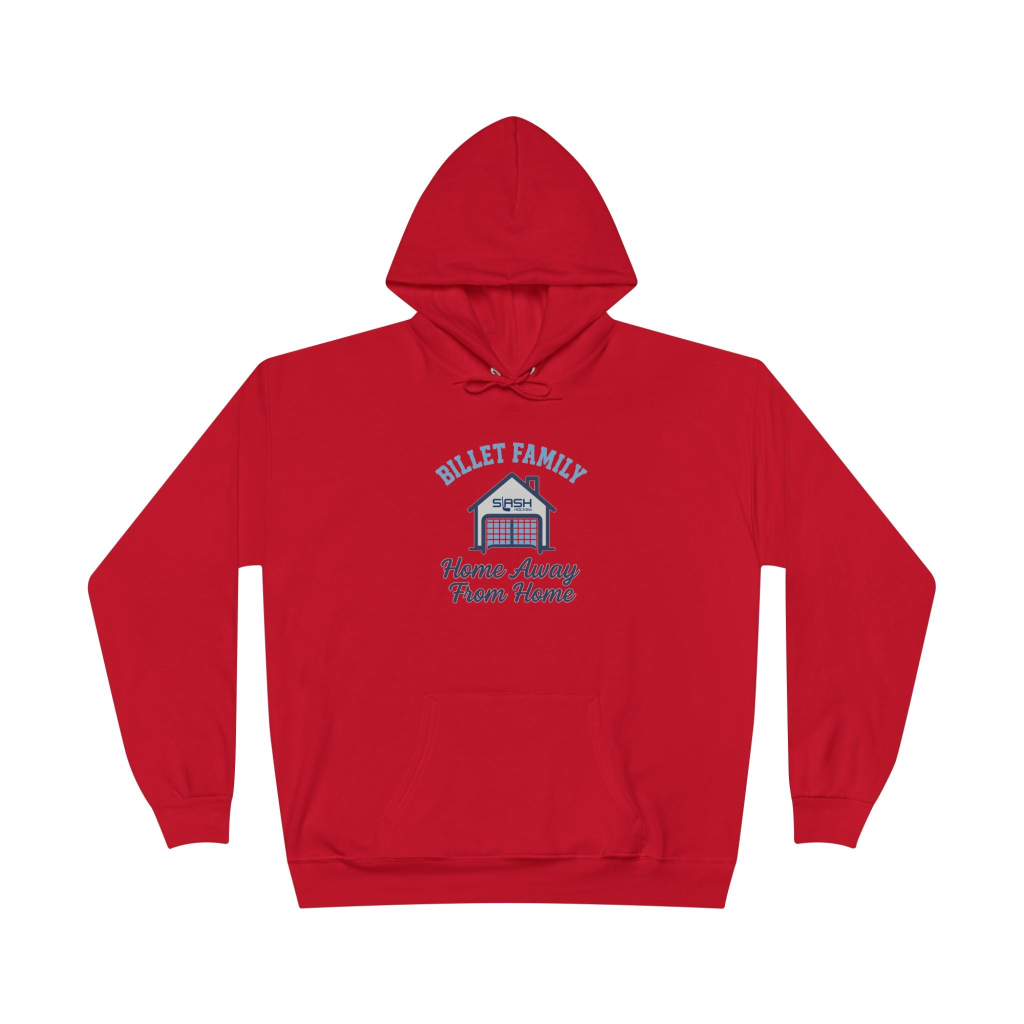 “Billet Family hockey hoodie front view — bold text design celebrating billet families, printed in navy, sky blue, and white on a premium cotton-blend hoodie.”