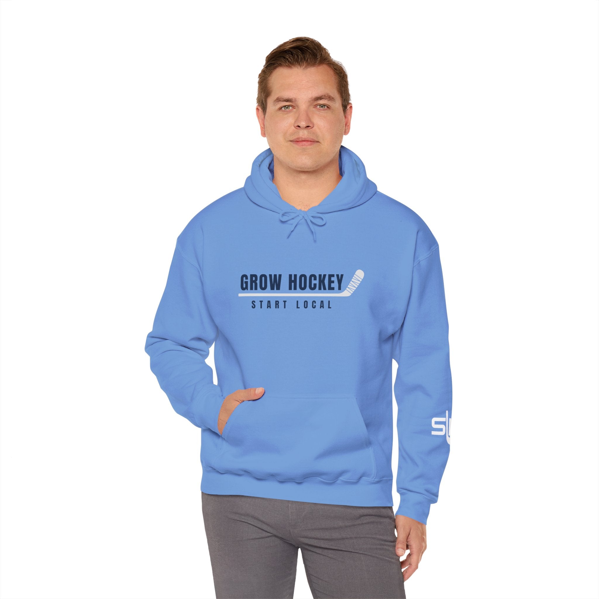 Male model wearing Grow Hockey Start Local hoodie with bold front graphic and taped hockey stick design.