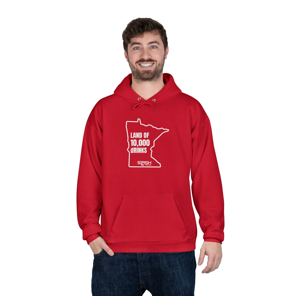 Male model wearing “Land of 10,000 dRINKS” Minnesota hockey hoodie, styled casually for rink and post-game beers.