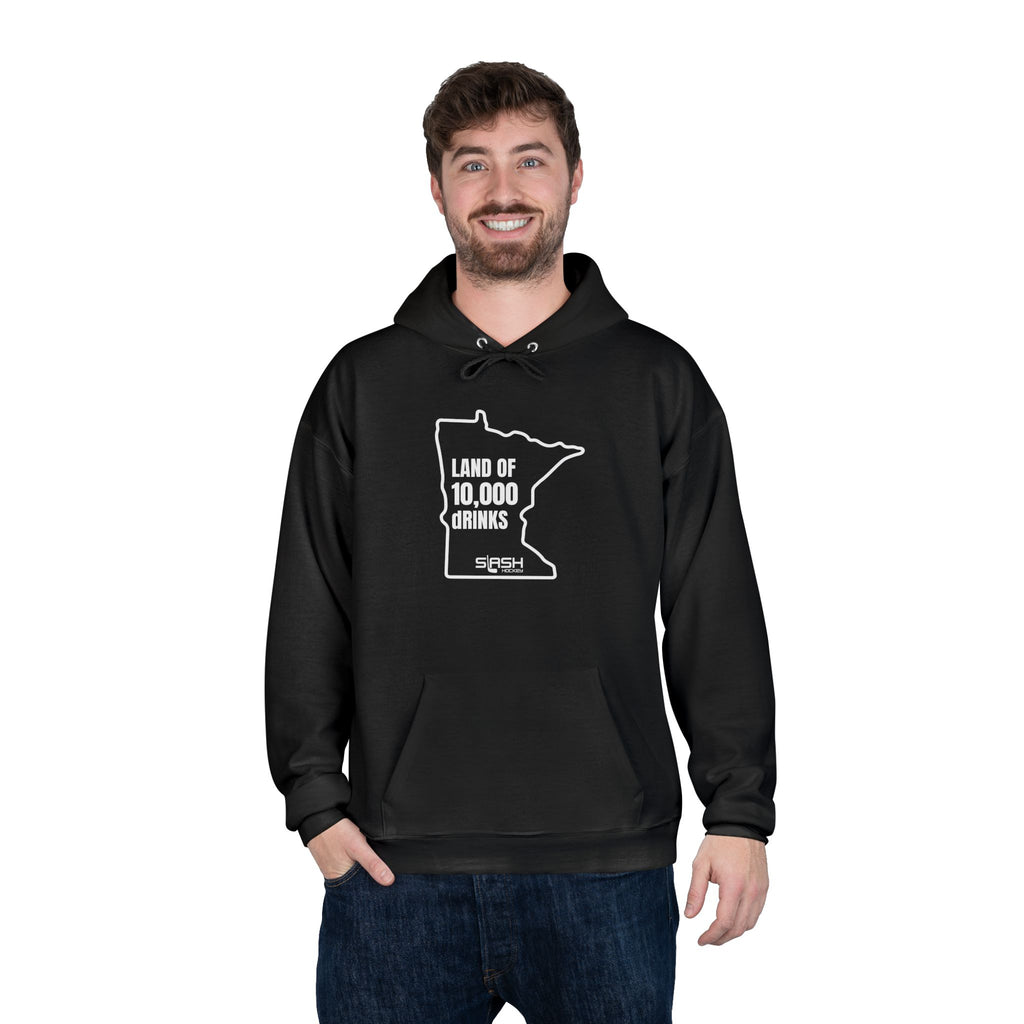 Male model wearing “Land of 10,000 dRINKS” Minnesota hockey hoodie, styled casually for rink and post-game beers.