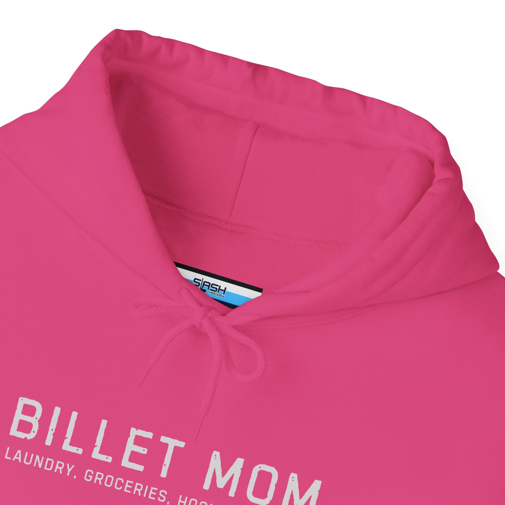 Close-up collar detail of Billet Mom hoodie showing soft cotton blend fabric and printed design