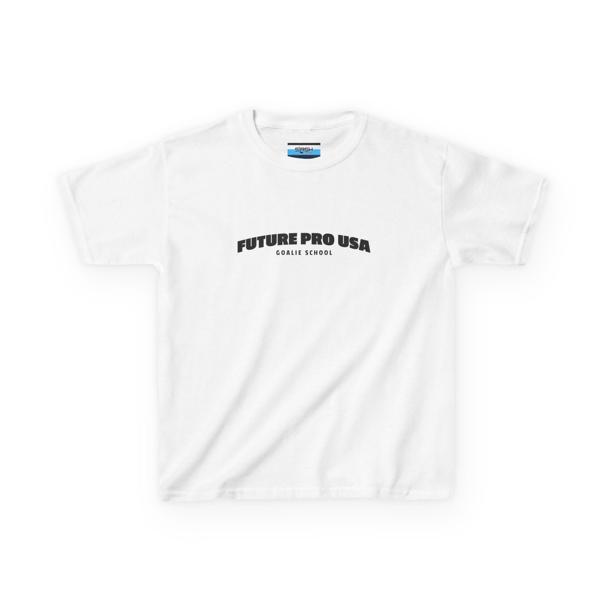 Youth Banner Future Pro USA Goalie School Tee, front view — youth hockey t-shirt featuring a bold banner-style Future Pro USA Goalie School graphic on the chest, clean athletic fit, displayed on a plain background.