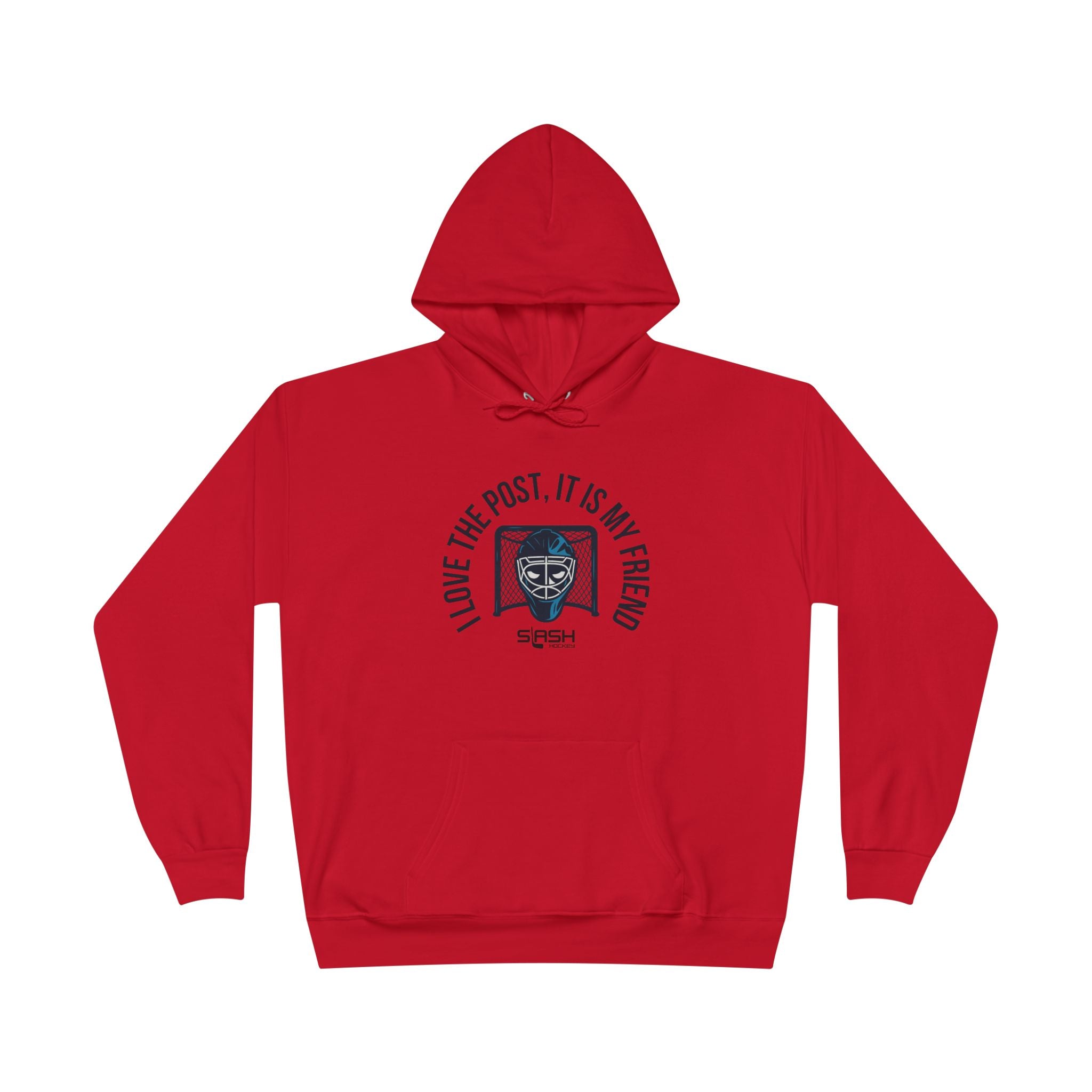 Unisex goalie hoodie in navy with “I love the post, it is my friend” slogan and blended goalie mask/hockey net design on chest.
