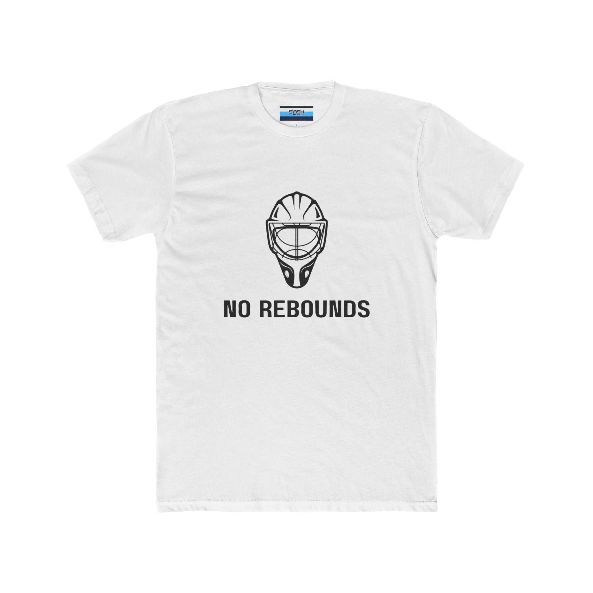 No Rebounds Tee, front view — hockey t-shirt featuring a bold goalie-themed “No Rebounds” graphic on the chest, classic athletic fit, displayed on a plain background.