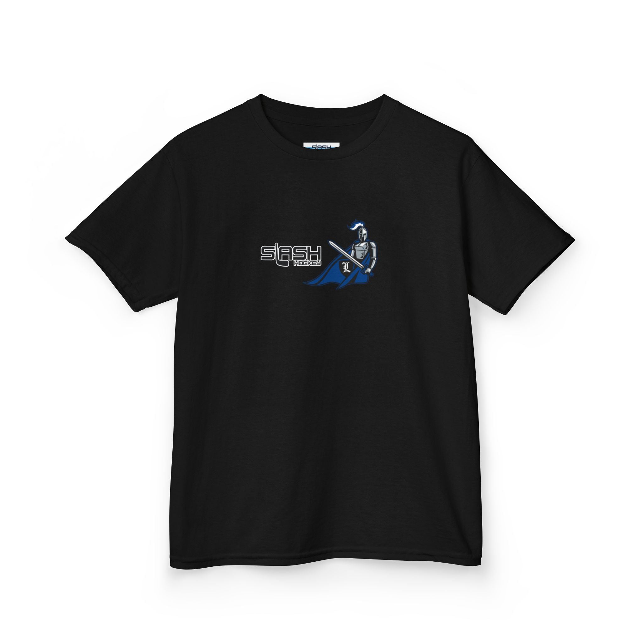 Front view of Livonia Hockey Association youth t-shirt, smaller sizing for kids and young players. Team logo printed on chest, casual athletic fit.