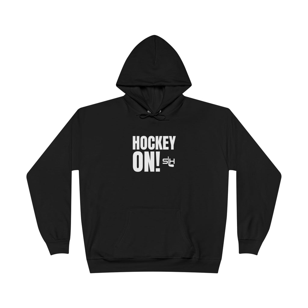 “Hockey On! hoodie front view — bold varsity-style text design with hockey stick inspired exclamation point, printed in navy, sky blue, and white on premium cotton-blend hoodie.”