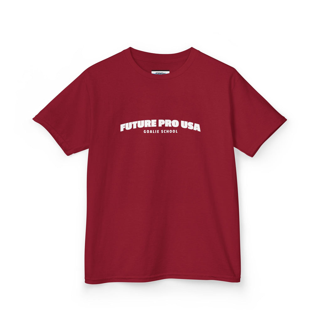 Youth Banner Future Pro USA Goalie School Tee, front view — youth hockey t-shirt featuring a bold banner-style Future Pro USA Goalie School graphic on the chest, clean athletic fit, displayed on a plain background.