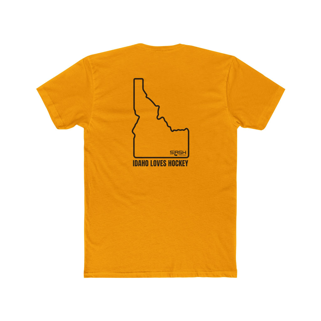 Back view of the Idaho Loves Hockey t-shirt showing the state of Idaho, Idaho Loves Hockey, and the Slash Hockey logo. 