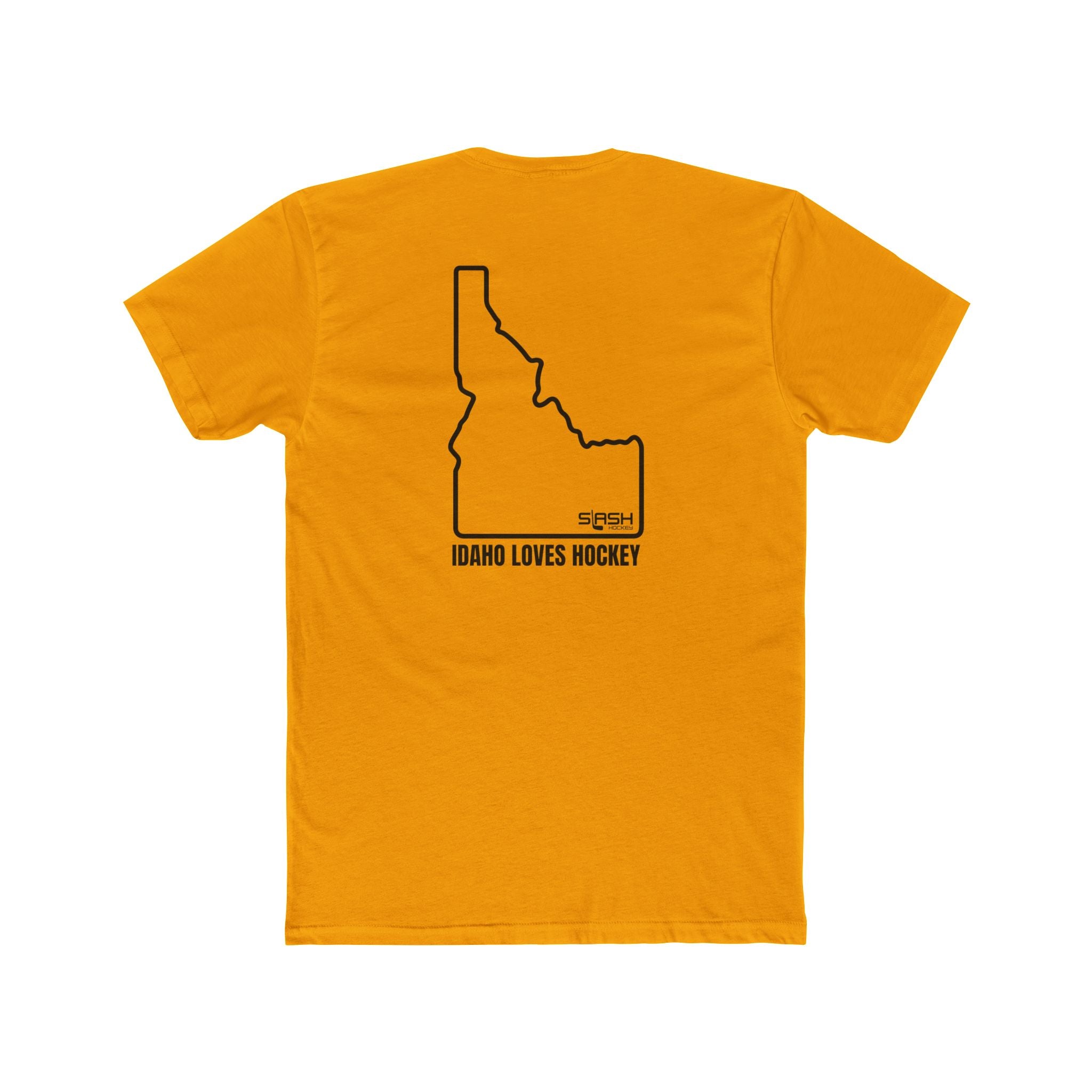 Back view of the Idaho Loves Hockey t-shirt showing the state of Idaho, Idaho Loves Hockey, and the Slash Hockey logo. 