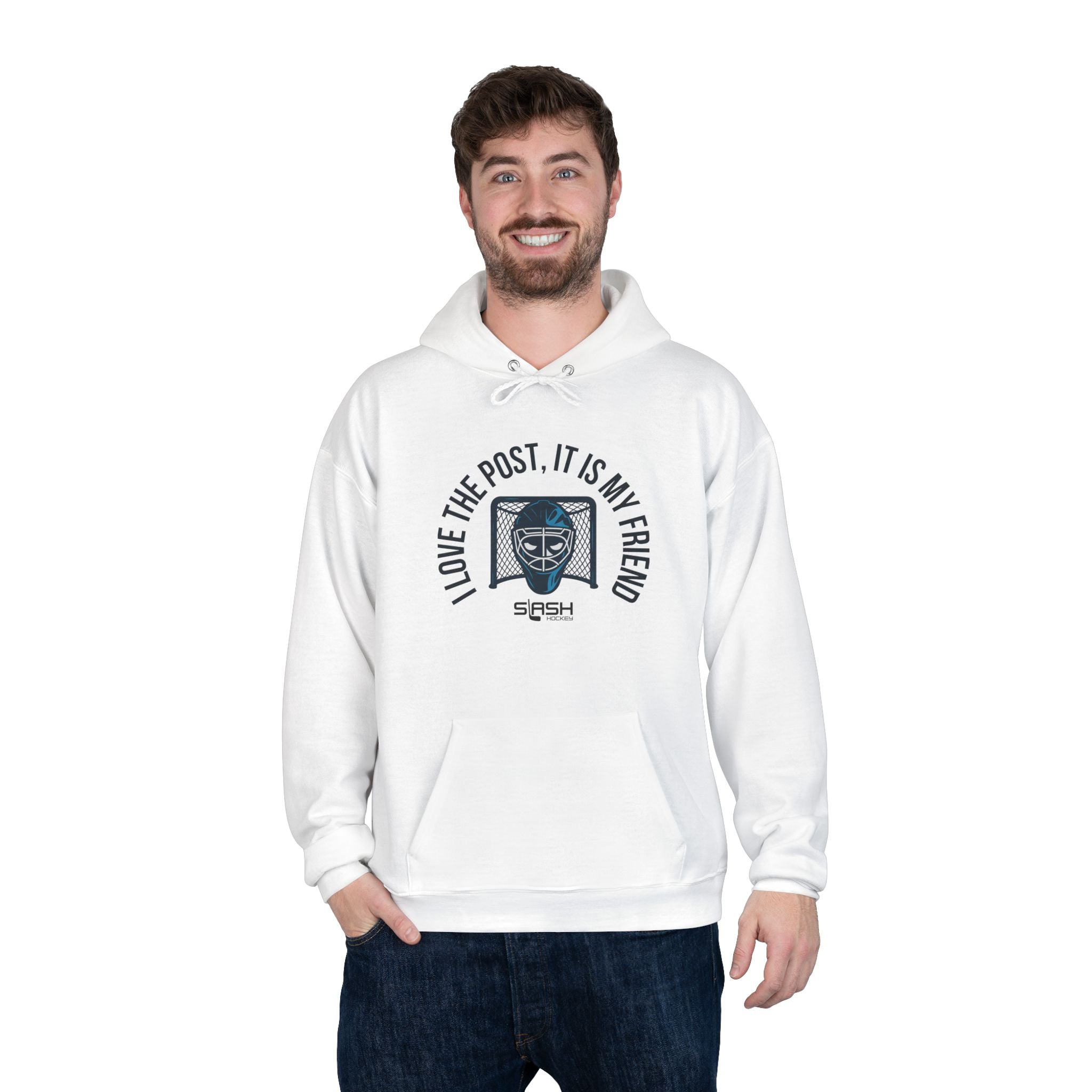 Male model wearing goalie hoodie with “I love the post, it is my friend” design, standing in casual hockey-inspired setting.