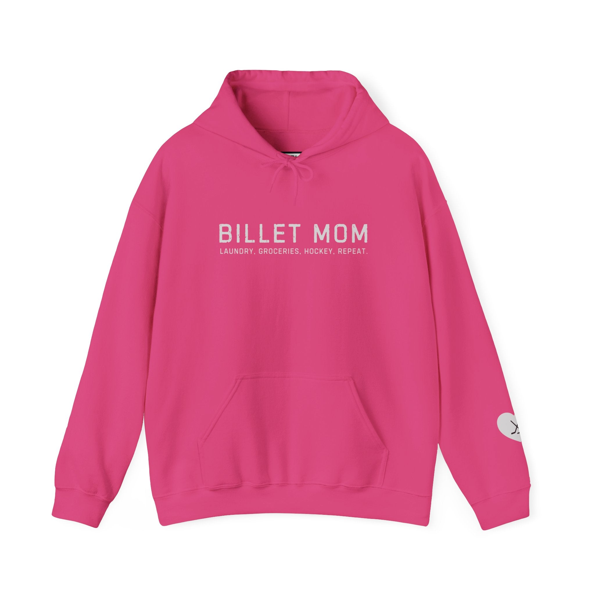Billet Mom hockey hoodie with “Laundry. Groceries. Hockey. Repeat.” design celebrating junior hockey billet families