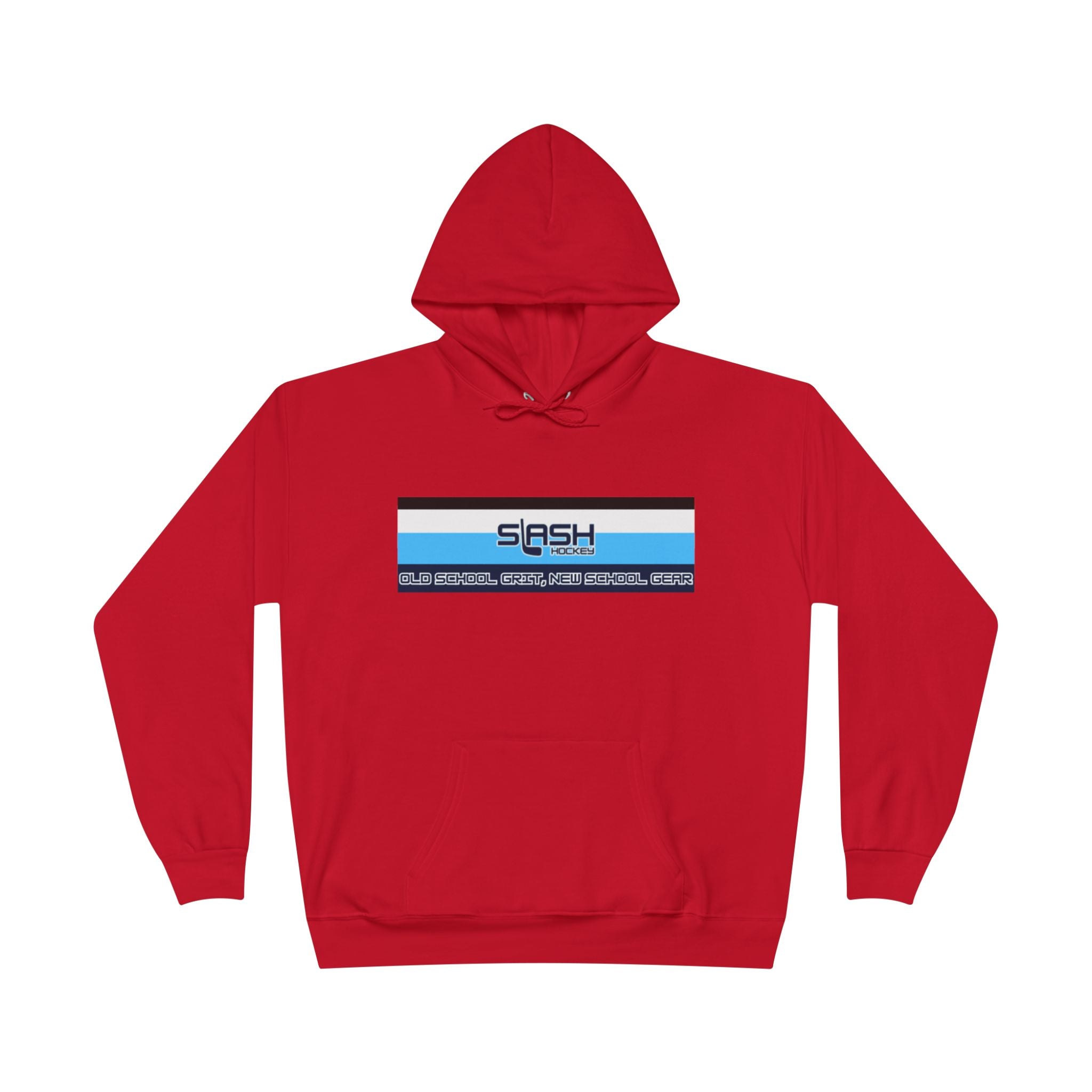 “Slash Hockey Hoodie front view — bold text and hockey stick logo design in navy, sky blue, and white, printed on premium cotton-blend hoodie.”