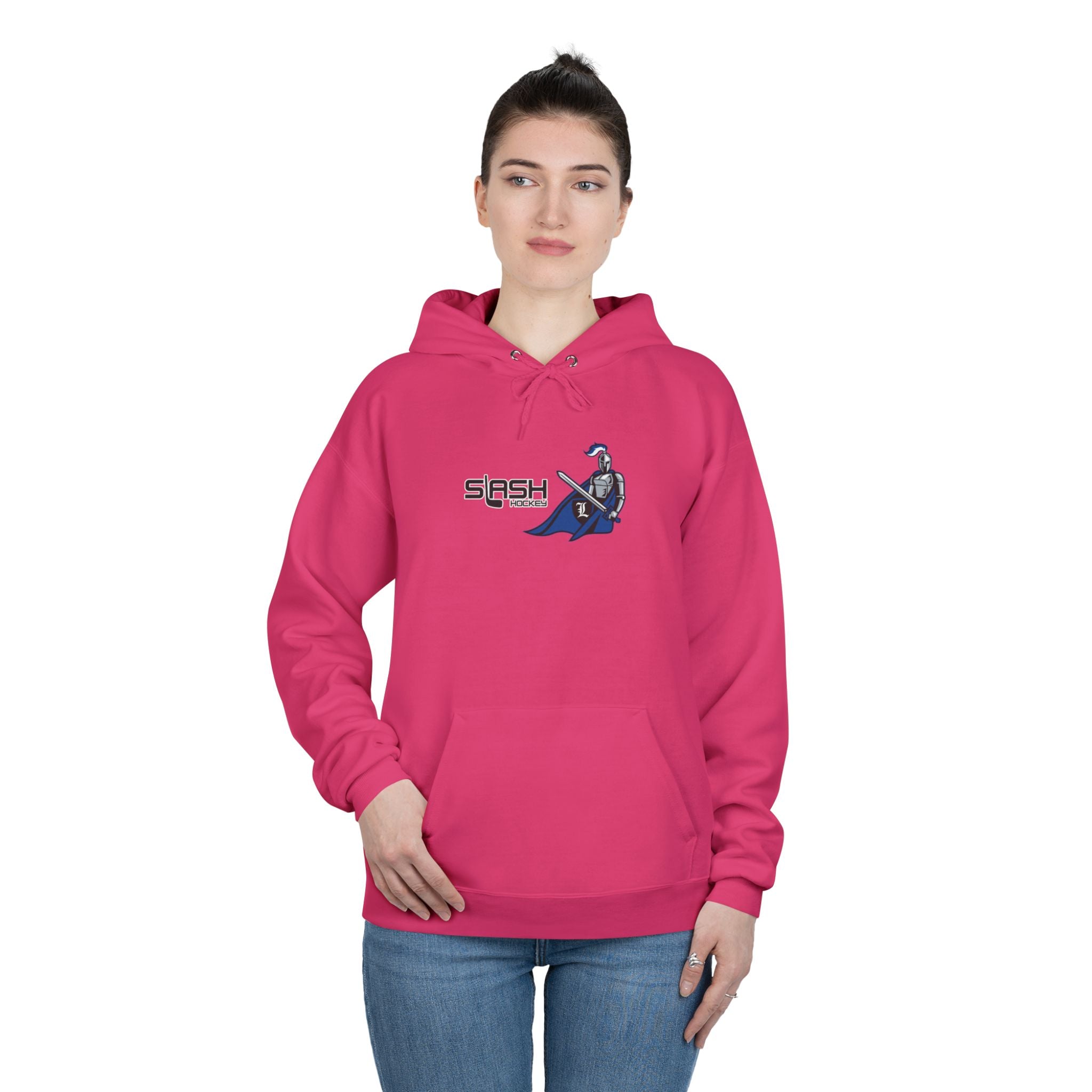 “LHA Girls Hockey Hoodie lifestyle photo — model wearing Livonia Hockey Association hoodie, cozy cotton-blend design for players, parents, and fans.”