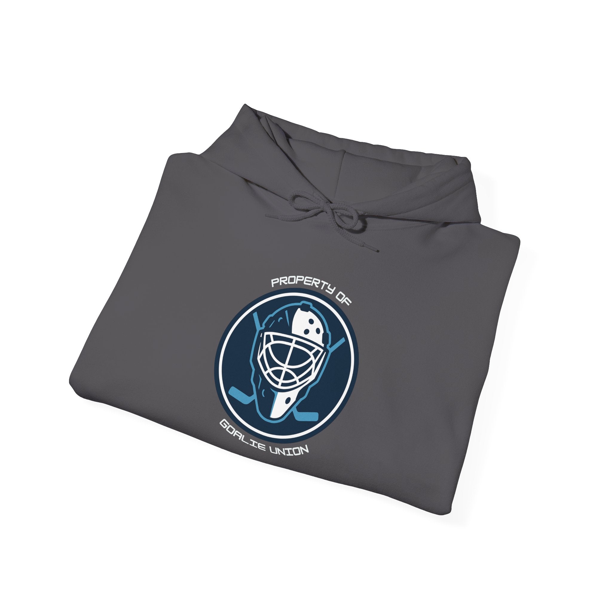Folded Goalie Union Hoodie with the Goalie Union emblem visible, neatly arranged for product presentation.