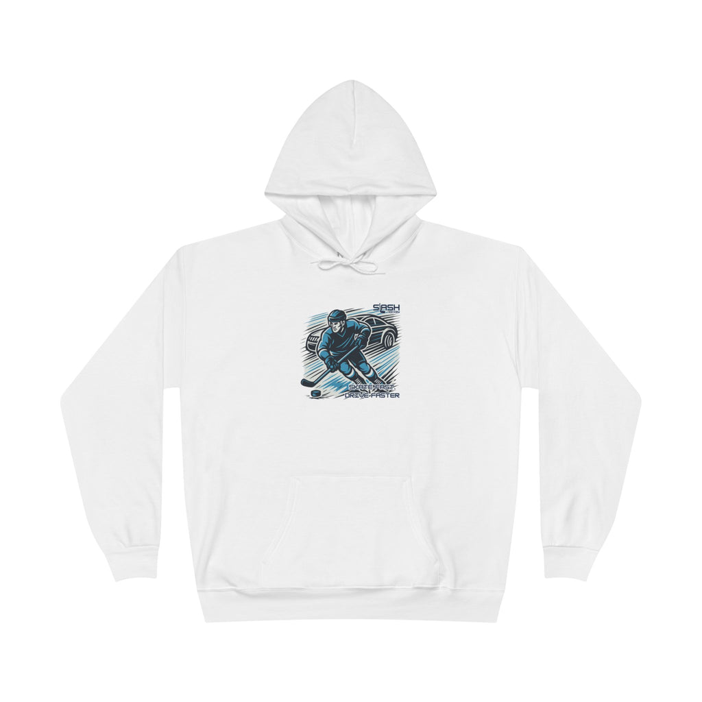 “Skate Fast. Drive Faster. Hockey Hoodie front view — bold text design with distressed varsity-style lettering in navy, sky blue, and white, printed on premium cotton-blend hoodie.”