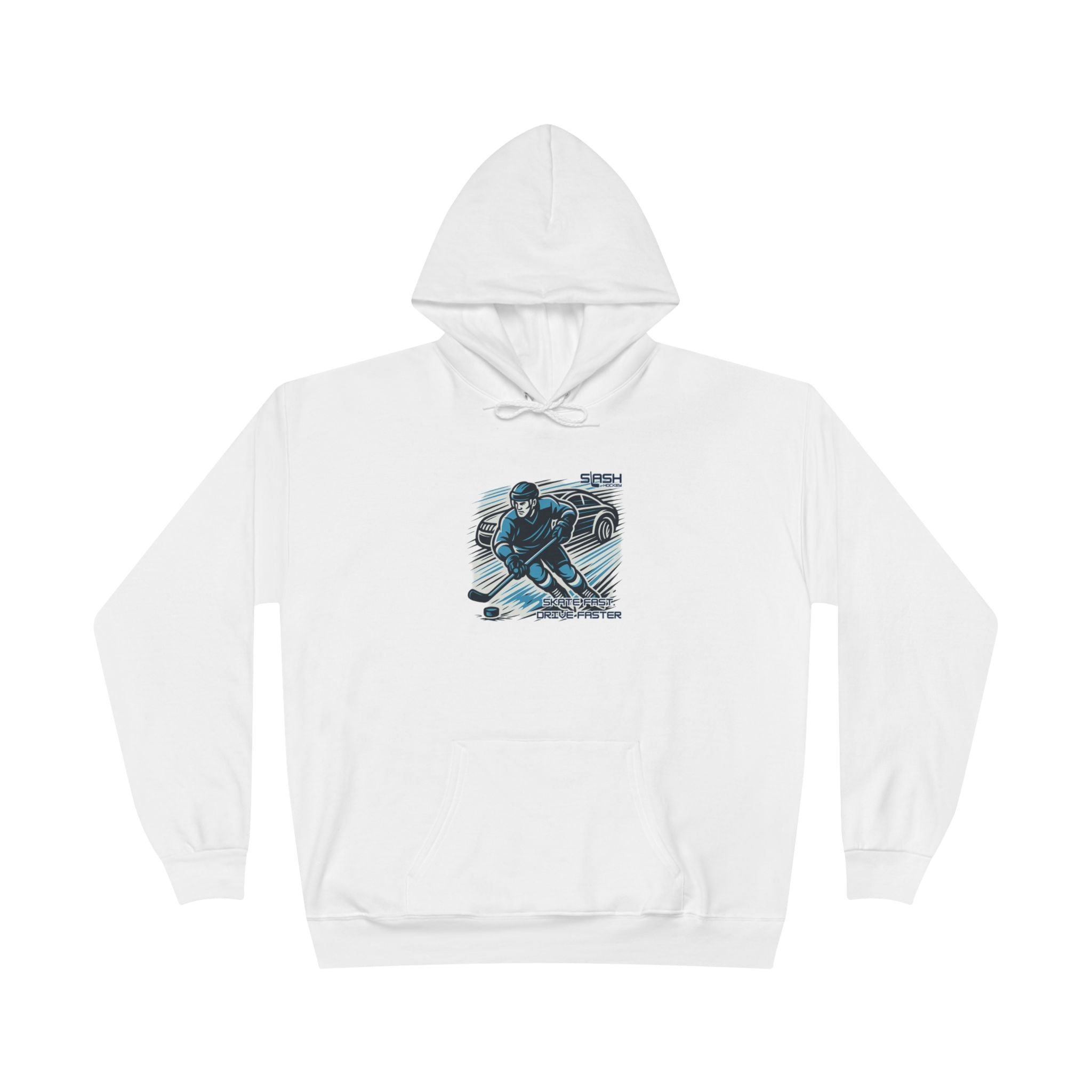 “Skate Fast. Drive Faster. Hockey Hoodie front view — bold text design with distressed varsity-style lettering in navy, sky blue, and white, printed on premium cotton-blend hoodie.”