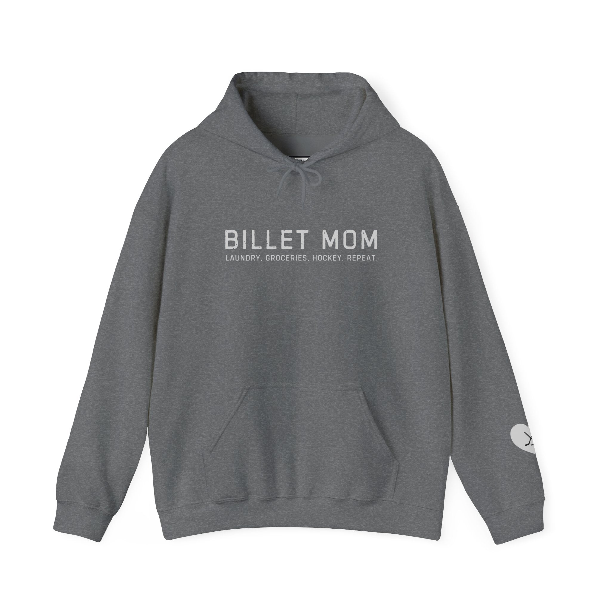 Billet Mom hockey hoodie with “Laundry. Groceries. Hockey. Repeat.” design celebrating junior hockey billet families