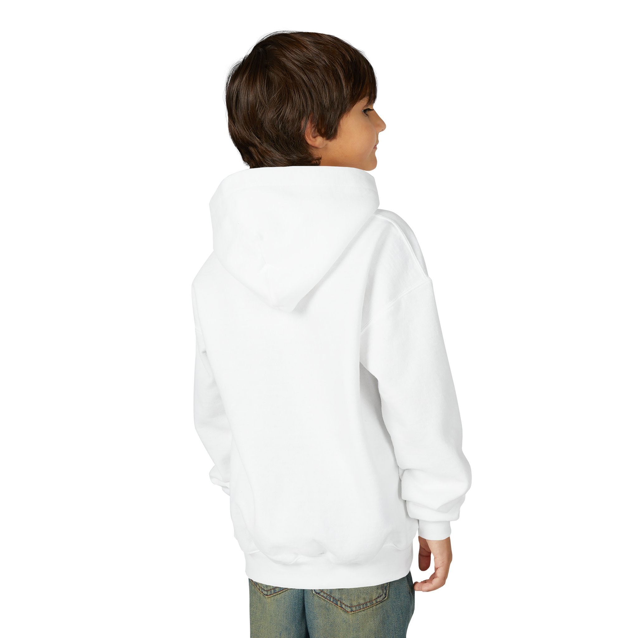 Young male model wearing the white Youth Future Pro USA Hoodie, showing the clean back design and comfortable youth fit.