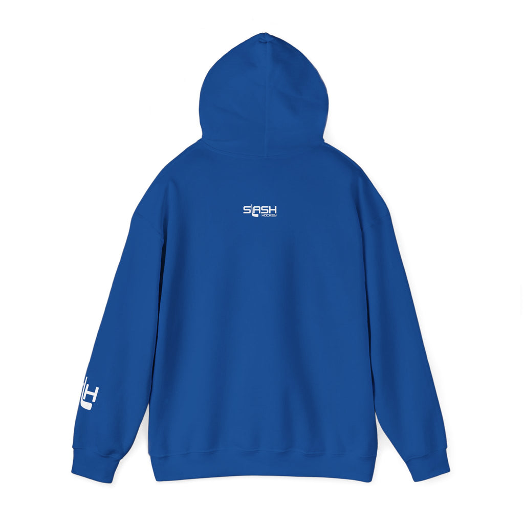 Back of Grow Hockey hoodie in solid color with Slash Hockey logo, clean and minimal design.