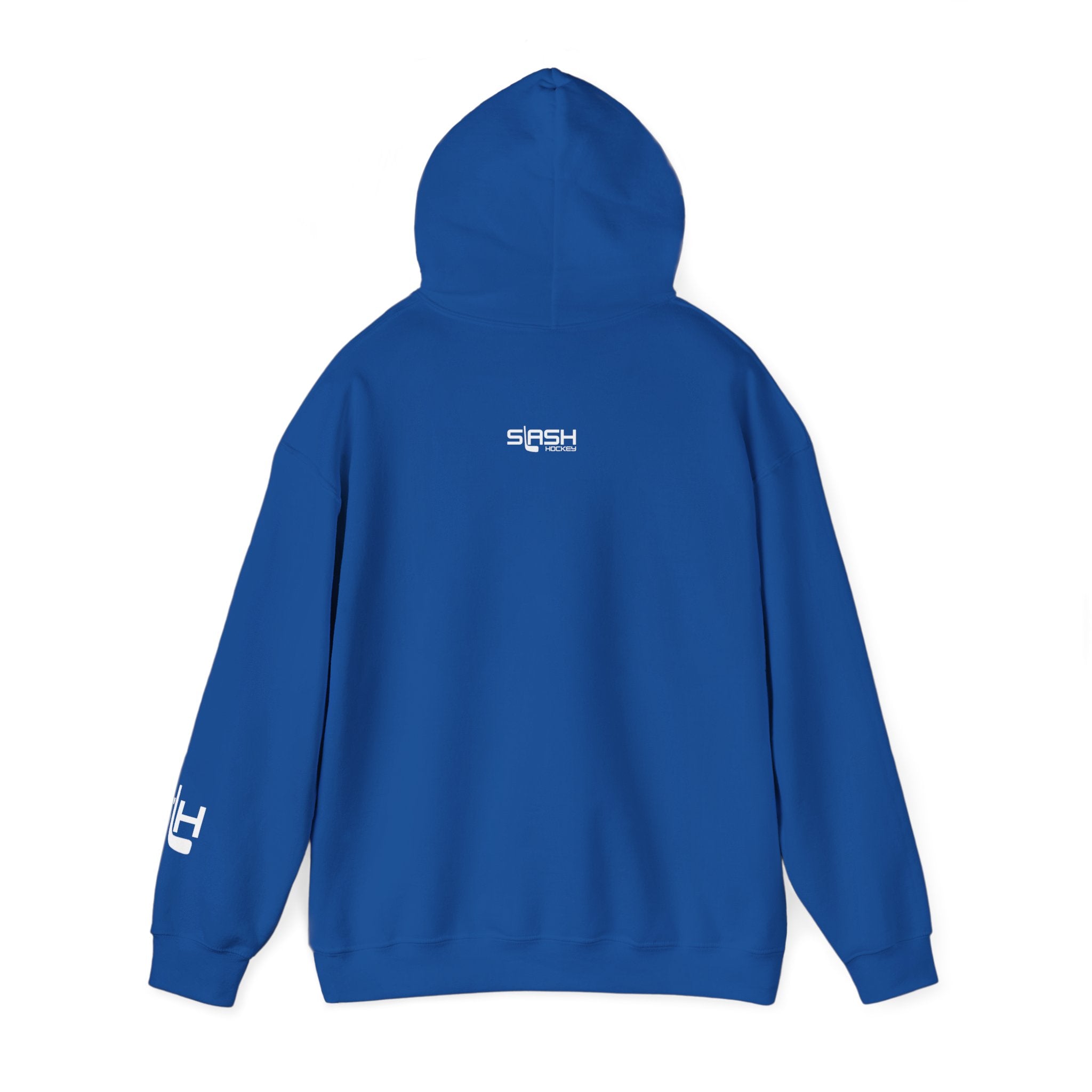 Back of Grow Hockey hoodie in solid color with Slash Hockey logo, clean and minimal design.