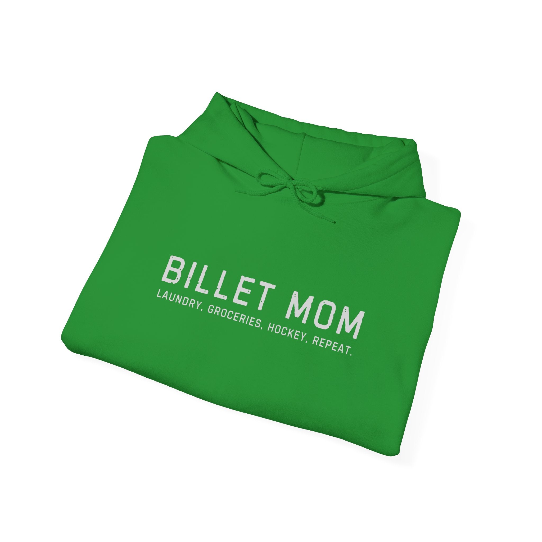 Folded Billet Mom hoodie showing minimalist hockey billet family design