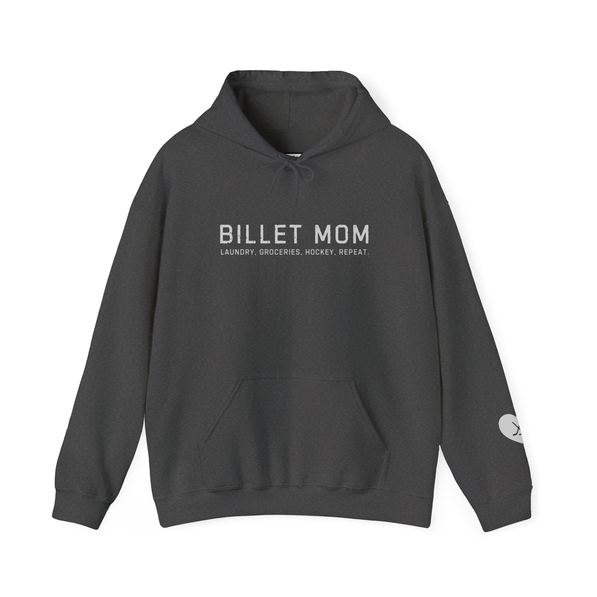 Billet Mom hockey hoodie with “Laundry. Groceries. Hockey. Repeat.” design celebrating junior hockey billet families