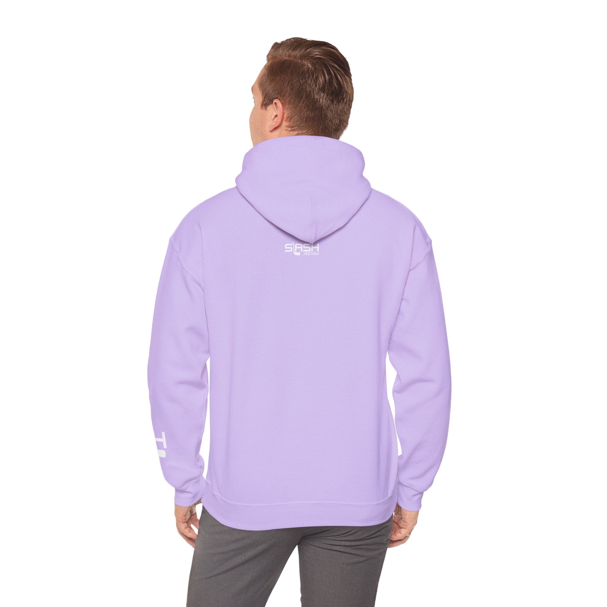 Male model shown from back wearing solid color Grow Hockey hoodie with clean minimalist rear design.