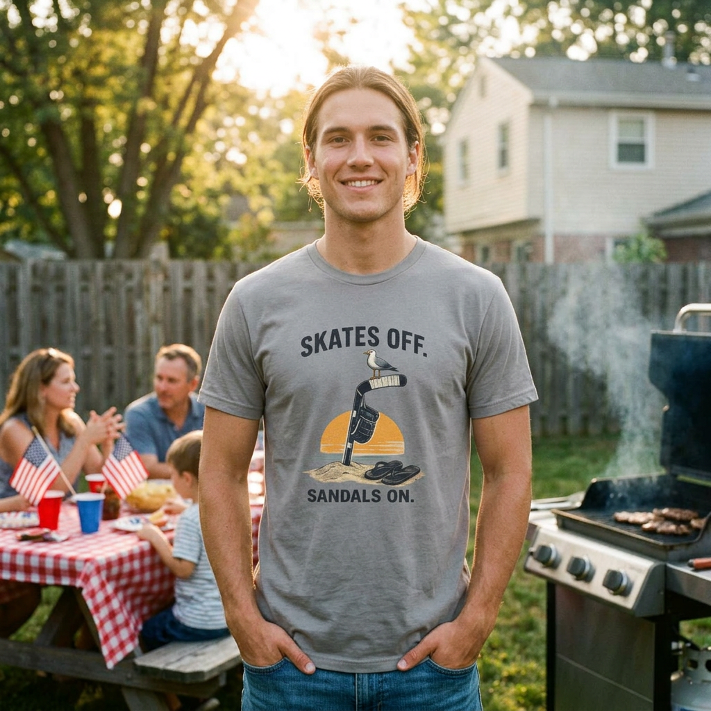 Male model wearing the Skates Off. Sandals On. hockey t-shirt featuring a beach-inspired graphic with a hockey stick in the sand, hanging glove, seagull, flip-flops, and sunset. The relaxed summer hockey design is displayed prominently on the front of the shirt.