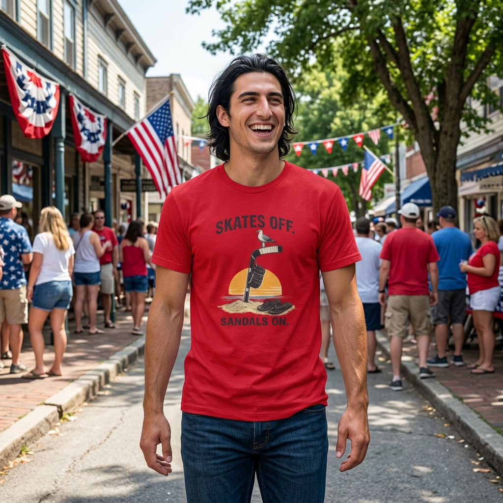 Male model wearing the Skates Off. Sandals On. hockey t-shirt featuring a beach-inspired graphic with a hockey stick in the sand, hanging glove, seagull, flip-flops, and sunset. The relaxed summer hockey design is displayed prominently on the front of the shirt.