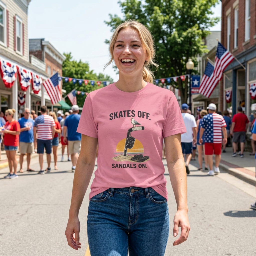 Female model wearing the Skates Off. Sandals On. hockey t-shirt featuring a vintage beach and hockey graphic with a hockey stick planted in the sand, hanging glove, seagull, flip-flops, and sunset. The casual off-season hockey design offers a comfortable everyday fit.