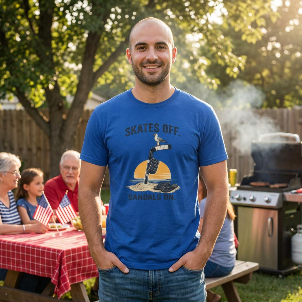 Male model wearing the Skates Off. Sandals On. hockey t-shirt featuring a beach-inspired graphic with a hockey stick in the sand, hanging glove, seagull, flip-flops, and sunset. The relaxed summer hockey design is displayed prominently on the front of the shirt.