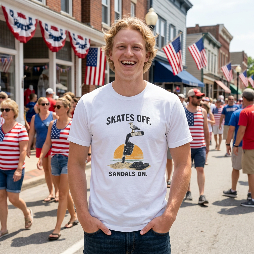Male model wearing the Skates Off. Sandals On. hockey t-shirt featuring a beach-inspired graphic with a hockey stick in the sand, hanging glove, seagull, flip-flops, and sunset. The relaxed summer hockey design is displayed prominently on the front of the shirt.