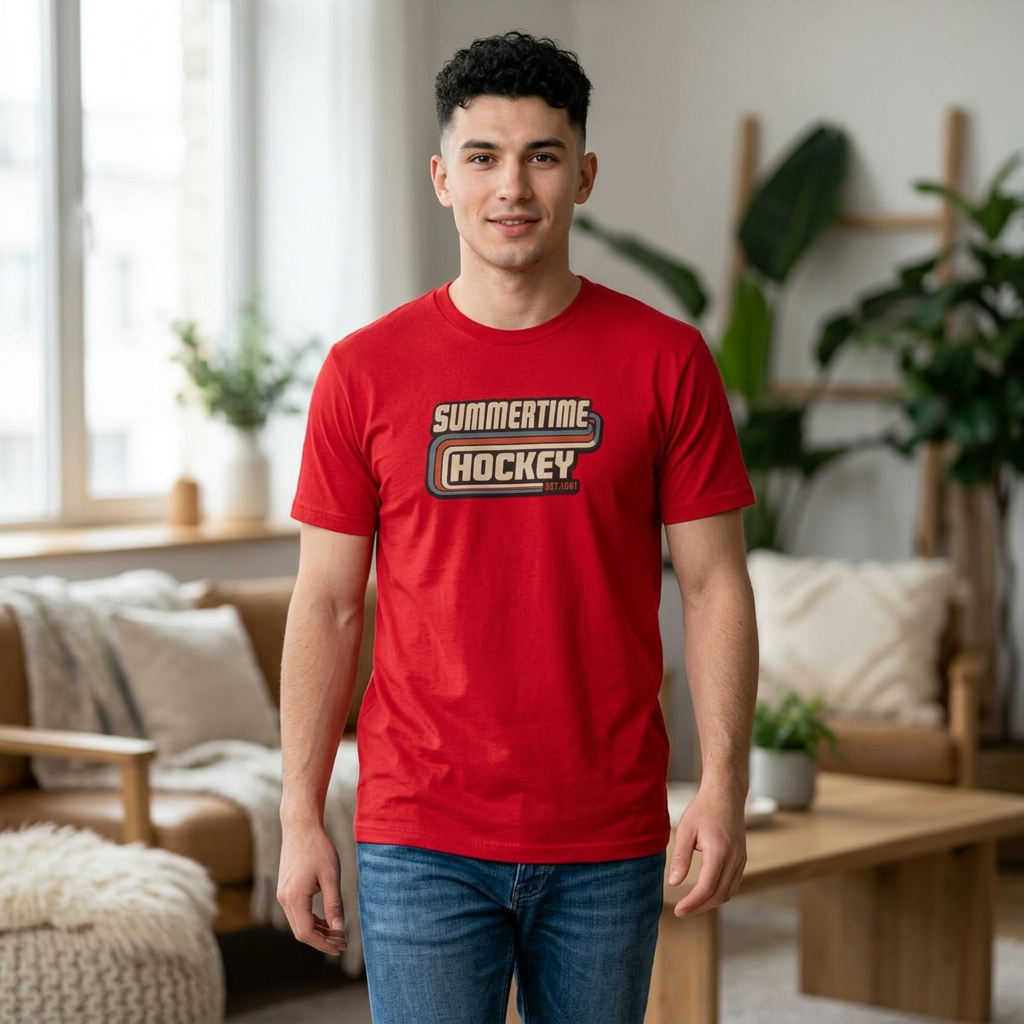 Male model wearing the Summertime Hockey vintage t-shirt featuring a retro hockey graphic inspired by classic 1980s hockey apparel from Slash Hockey.