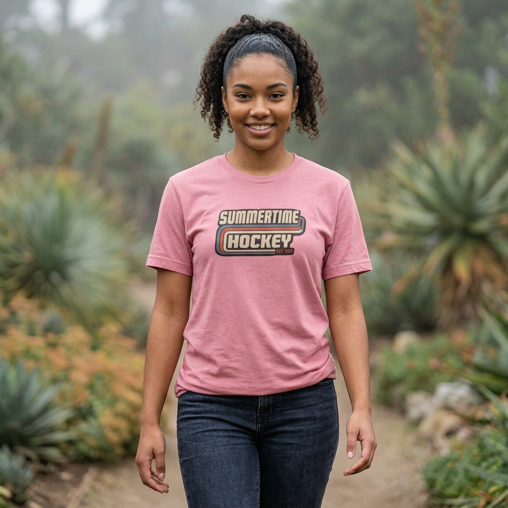 Female model wearing the Summertime Hockey vintage hockey t-shirt with a retro-inspired graphic perfect for hockey players, fans, and the off-season.