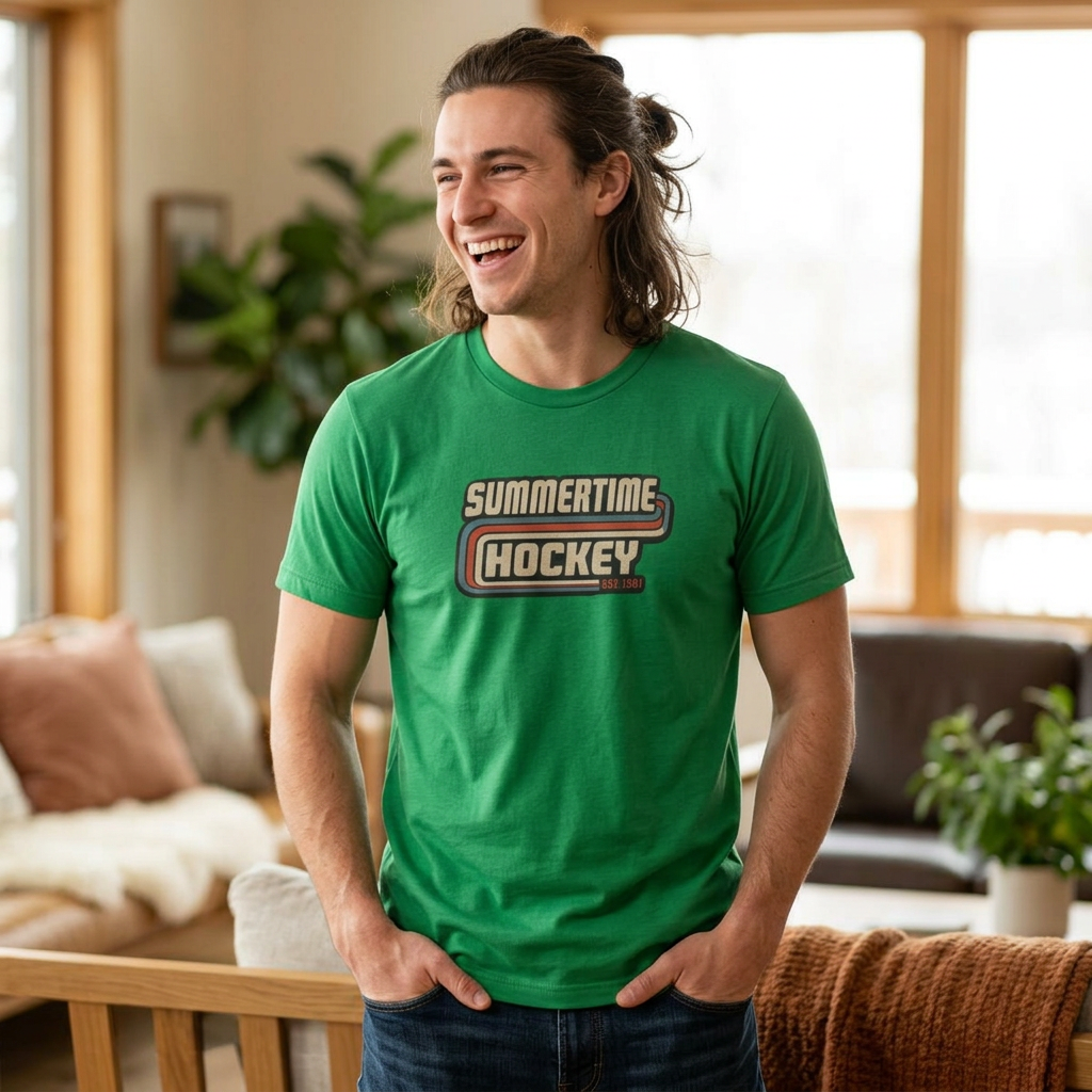 Male model wearing the Summertime Hockey vintage t-shirt featuring a retro hockey graphic inspired by classic 1980s hockey apparel from Slash Hockey.