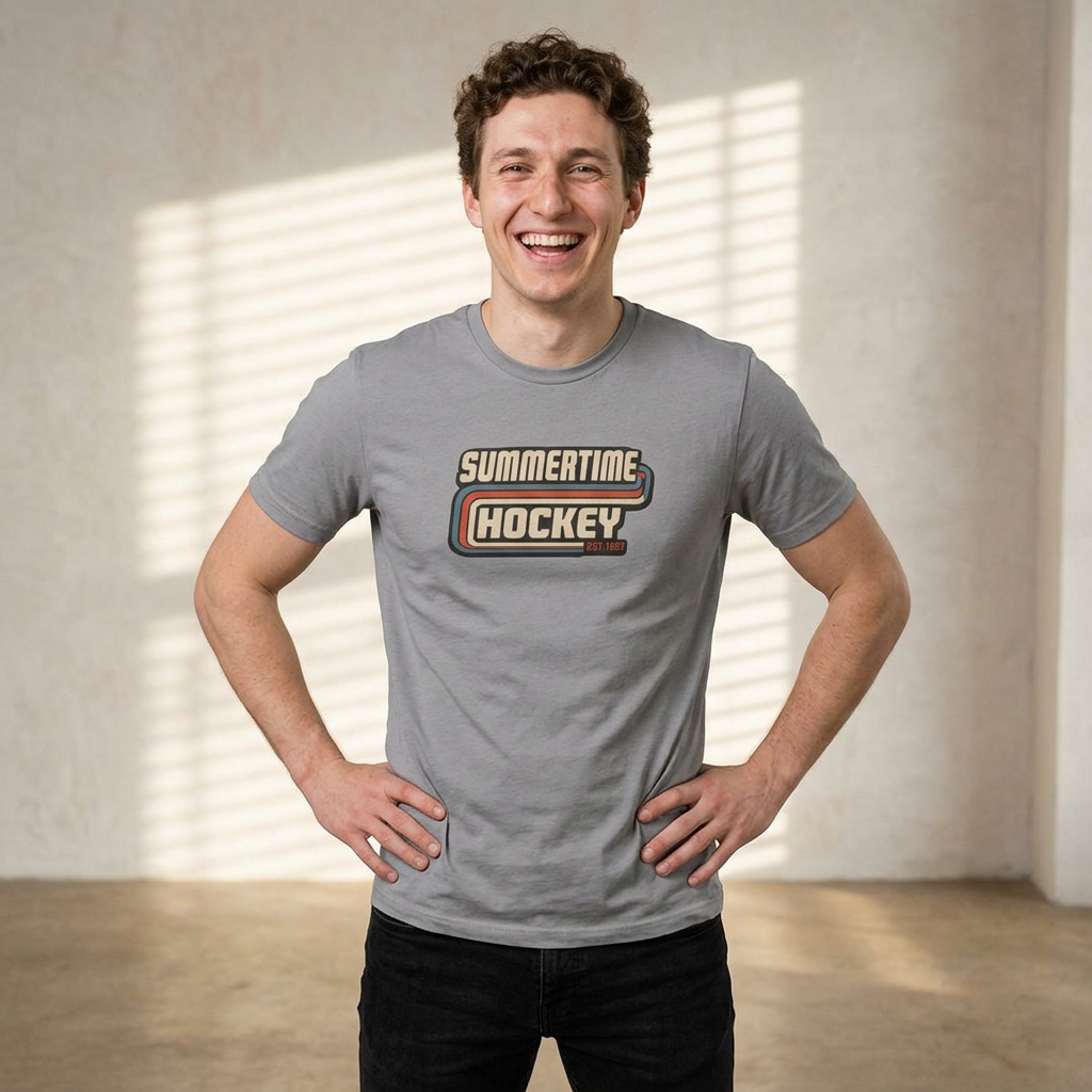 Male model wearing the Summertime Hockey vintage t-shirt featuring a retro hockey graphic inspired by classic 1980s hockey apparel from Slash Hockey.