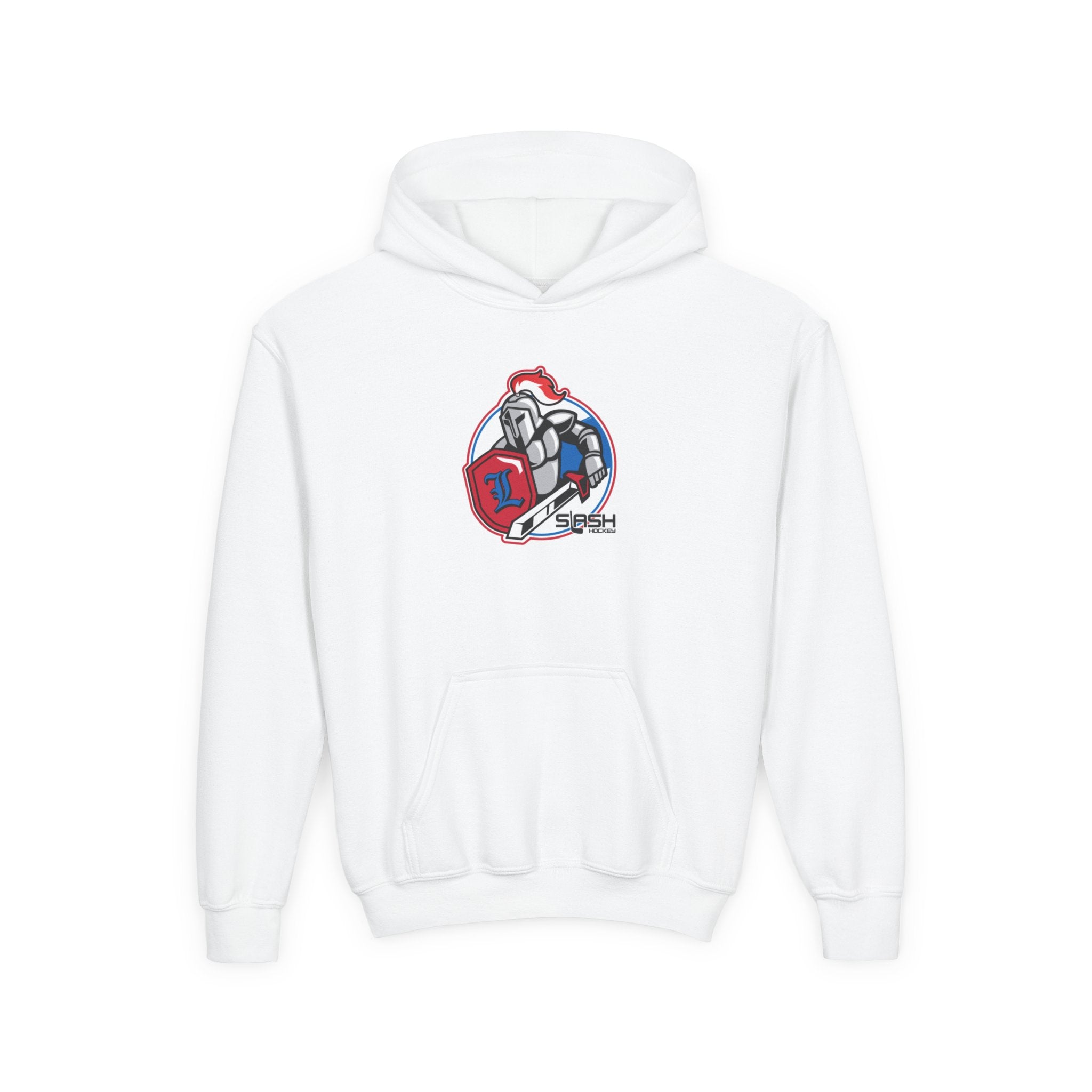 LHA Youth Hockey Hoodie front view — Livonia Hockey Association logo in team colors printed on premium cotton-blend youth hoodie.